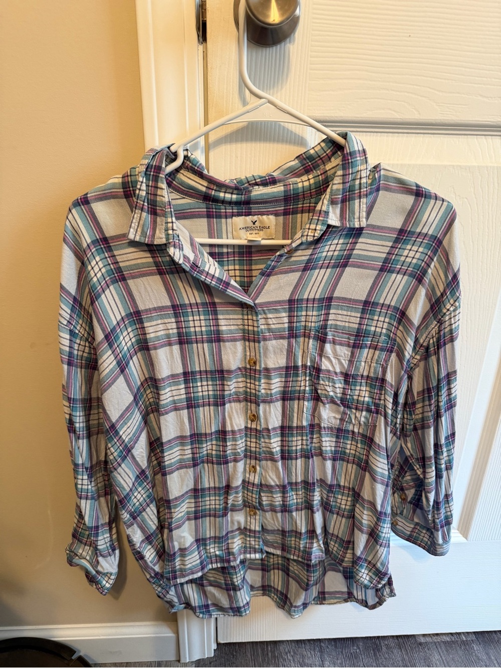 Vintage American Eagle Button Down Oversized Button Down Small Plaid 3/4 Sleeve